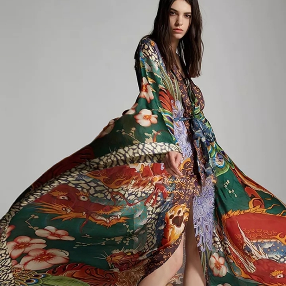Peacock Feather Bohemian gypsy Kimono Duster - Picture 2 of 9